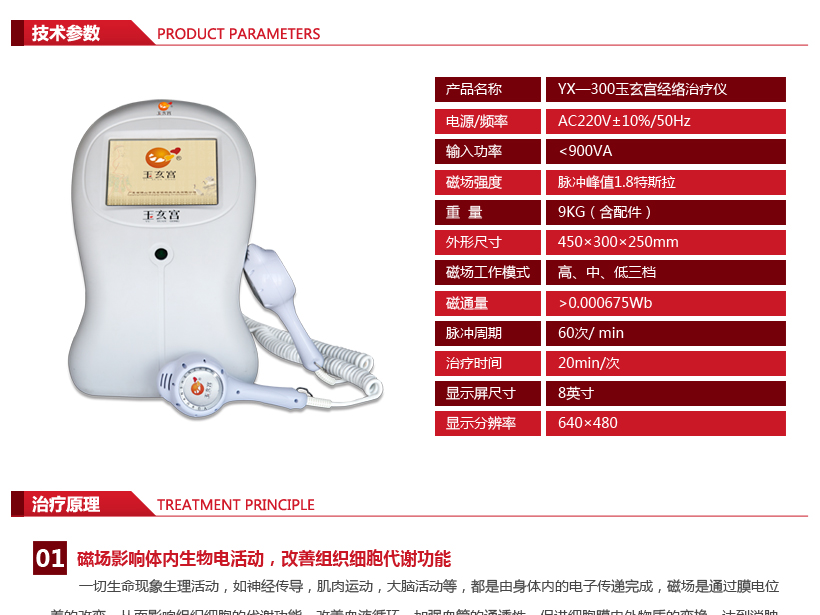 技术参数： 输入电压：AC220V±10% 频率：50Hz 输入功率：﹤900VA 磁场强度：﹥0.04T~1.8T 磁场工作模式：高、中、低三档 磁通量：﹥0.000675Wb 脉冲周期：60次/ min 治疗时间：20min/次 显示屏大小：8英寸 显示分辨率：640×480 重量：9KG 体积：45×30×25CM