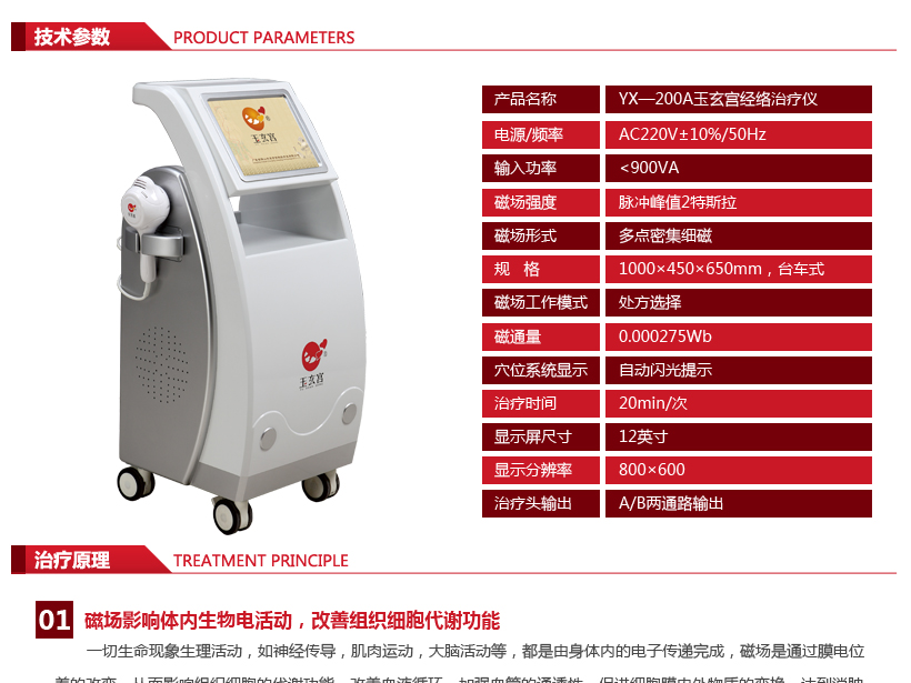 技术参数： 电源：AC220V±10% 频率：50Hz 输入功率：﹤900VA 磁场强度：0.04T—2T 磁场形式：多点密集细磁 磁场工作模式：处方选择 治疗头输出：A/B两通路输出 磁通量：0.000275Wb 治疗时间：20min/次 程序显示：中文显示 穴位系统显示：自动闪光提示 显示屏大小：12英寸 显示分辨率：800×600 规格：100×45×65CM，台车式
